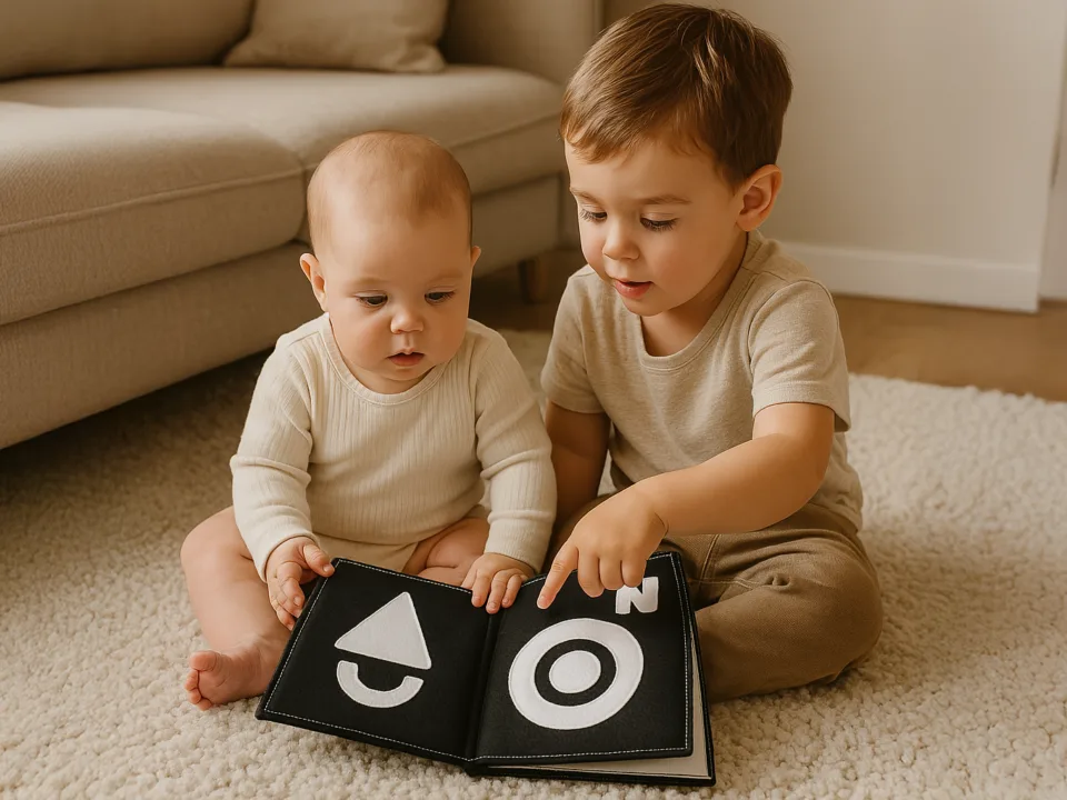 Bebés mirando un libro sensorial de fieltro